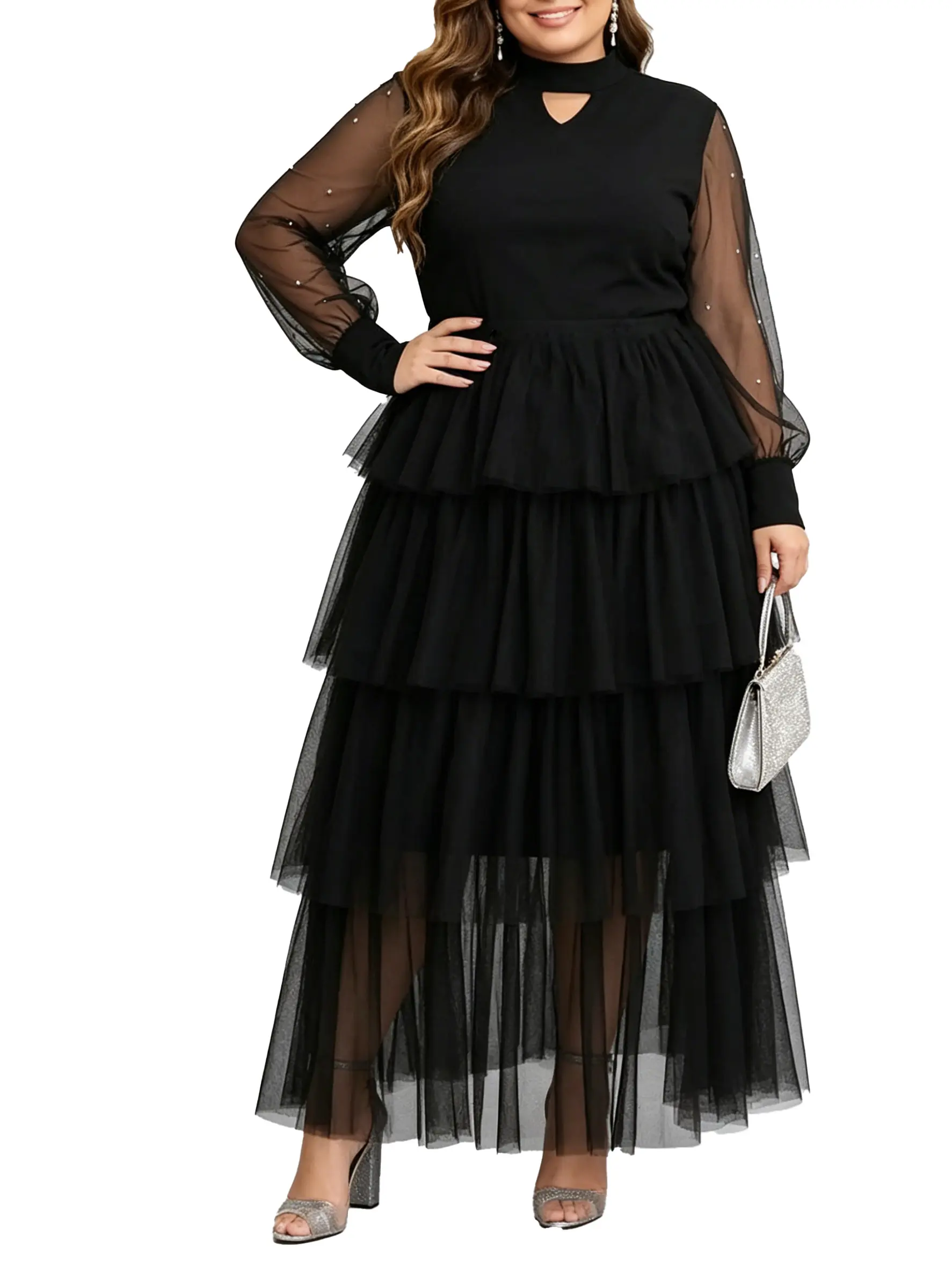 Women's Plus Size Elegant Tulle Maxi Dress - Longsleeves (4XL,5XL), Sheer Dotted, Cutout High Neck, Multi-Tiered Fluffy Skirt, Waist-Cinch Fit, Soft Lightweight Formal Evening Party Wear
