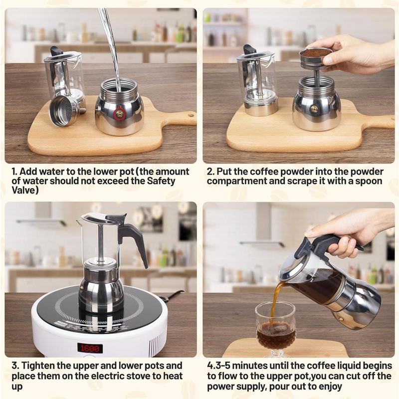 6 Cup Glass Clear Moka Pot Thickened 304 Stainless Steel Stovetop Espresso Maker Italian Coffee Machine 300ml 10.6oz Classic Mocha Cafe Greca Coffee Suitable for Gas Induction