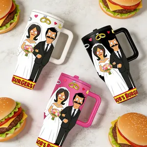 1pc 40oz Wedding Cartoon Couple Tumbler With Handle And Lid, Bride And Groom Love Design Stainless Steel Insulated Travel Mug, Wedding Season, Bob's Burger Shop, Gift For Husband Wife Couples Anniversary Engagement Present, Drinkware
