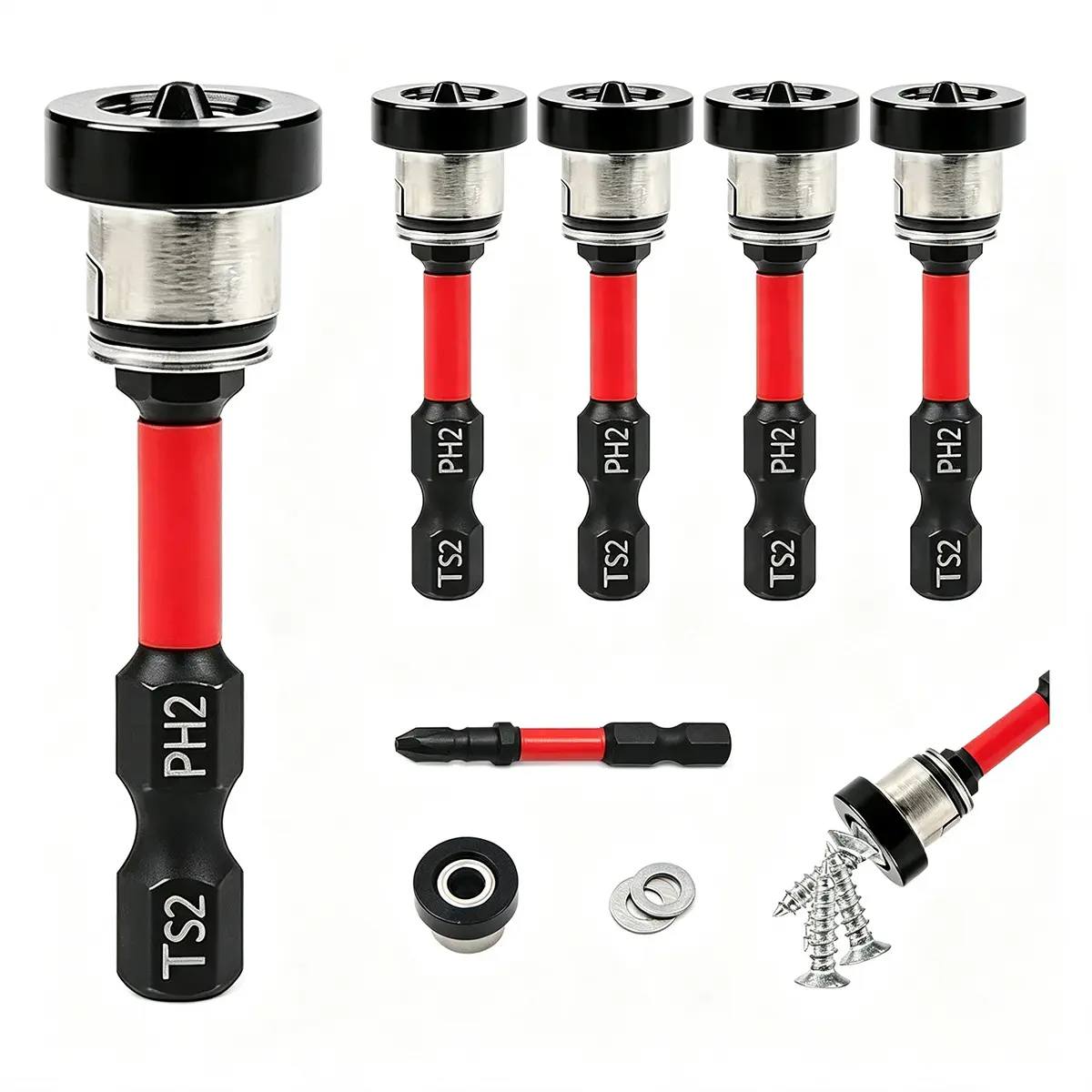 5pcs Magnetic Drywall Screw Setter Bits – Adjustable Depth PH2 Positioning Bits with Removable Aluminum Collar, S2 Steel Hex Shank for Sheetrock and Plasterboard Screws