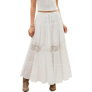 Women's Boho Maxi Skirts Flowy Lace Tiered Long Renaissance Skirt with Pockets