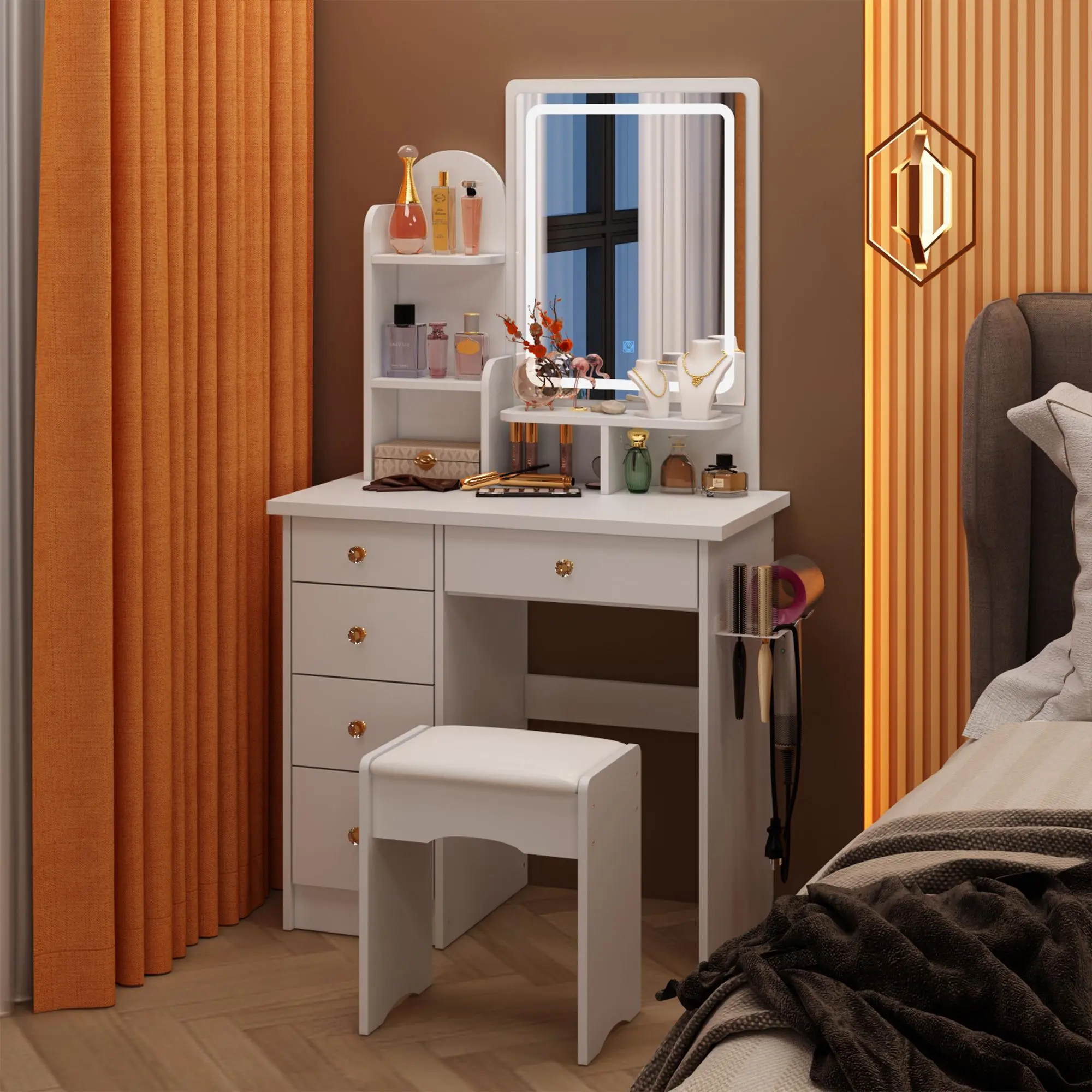 White Vanity with Light+Hair Dryer Holder