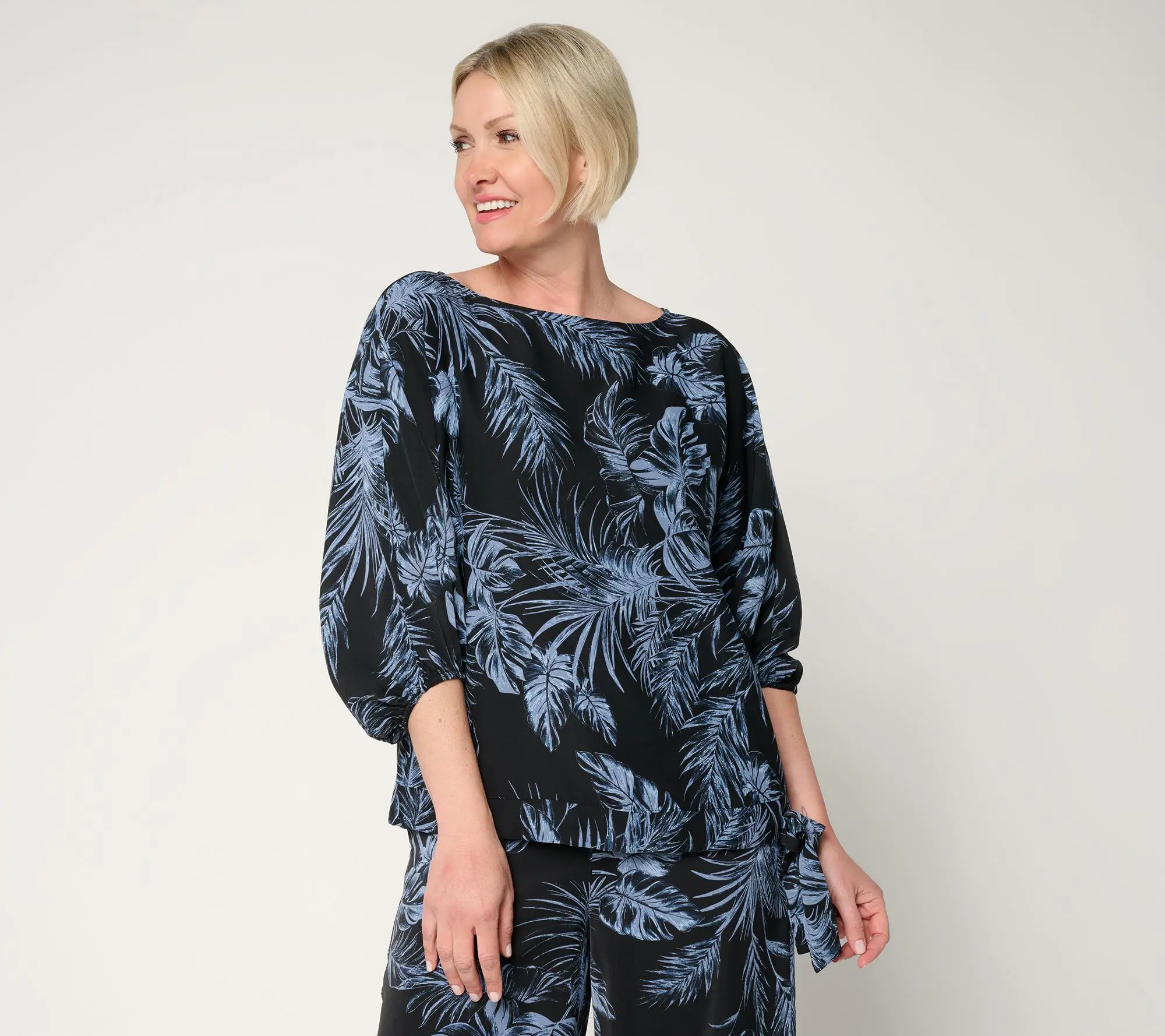 BEAUTIFUL by Lawrence Zarian Printed Boat Neck Waist Tie Top