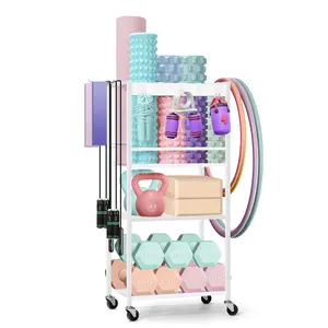 Home Gym Storage Rack, Heavy Duty Yoga Mat Storage Racks, Workout Equipment Storage Organizer, Weight Rack with Hooks & Wheels, for Dumbbells Kettlebells Dumbbell Yoga Block Foam Rollers Yoga Strap Resistance