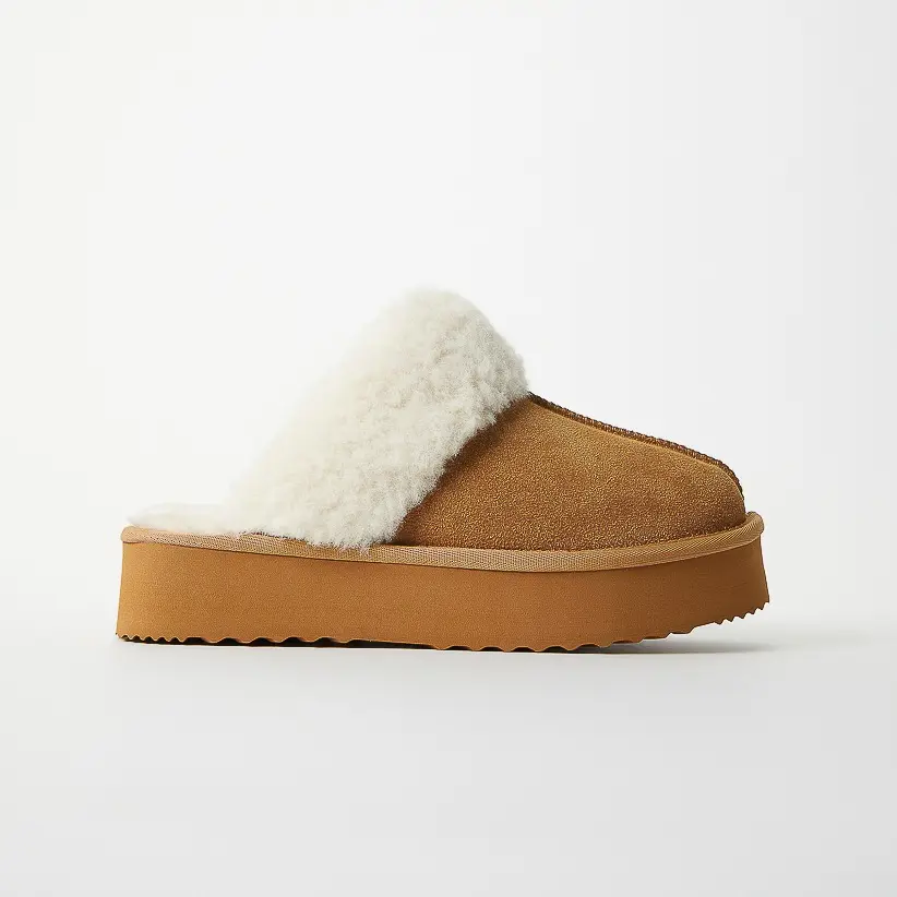 JUST FAB Women's Plush Faux Fur-Lined Suede Platform Slide Slippers - Women's Shoe with Suede Upper, EVA Sole, Flat Fuzzy Slippers Indoor & Outdoor Comfort, Footwear, Soft, Slippers For Women Fall & Winter