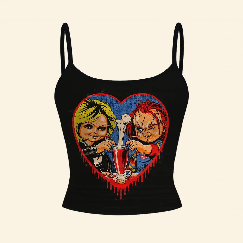Chucky Wanna Play Spaghetti String Tank Top, Women Slim Fit Contrasting Colors Tank Top Halloween Scary Horror Movie Costume
