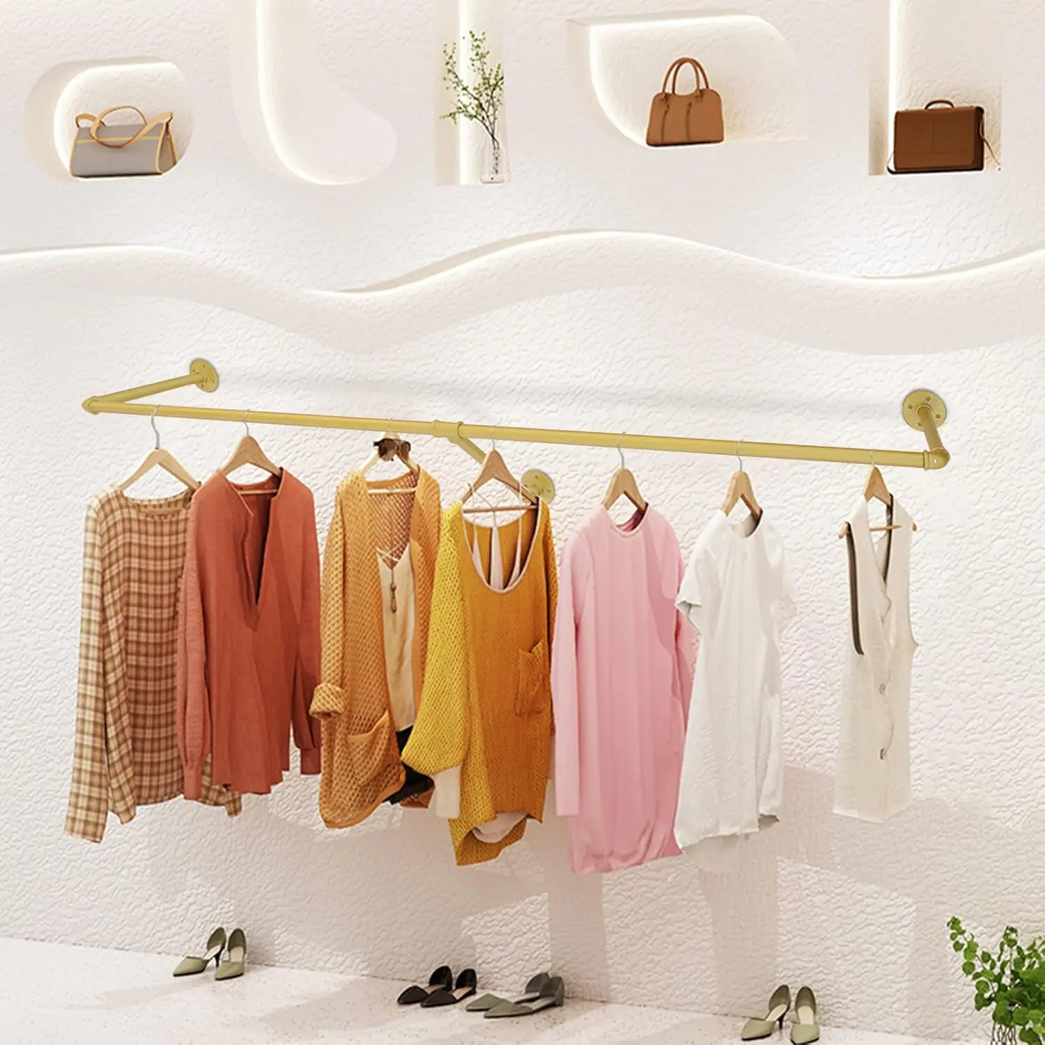Sturdy 47 In Durable Metal Industrial Pipe Wall-Mount Clothes Rack, 120cm x 30cm Heavy-Duty Space-Saving Garment Rod with 3 Iron Bases, Disassembly Kit & Accessories for Home/Laundry Use, Gold Closet Storage Hanging Bar