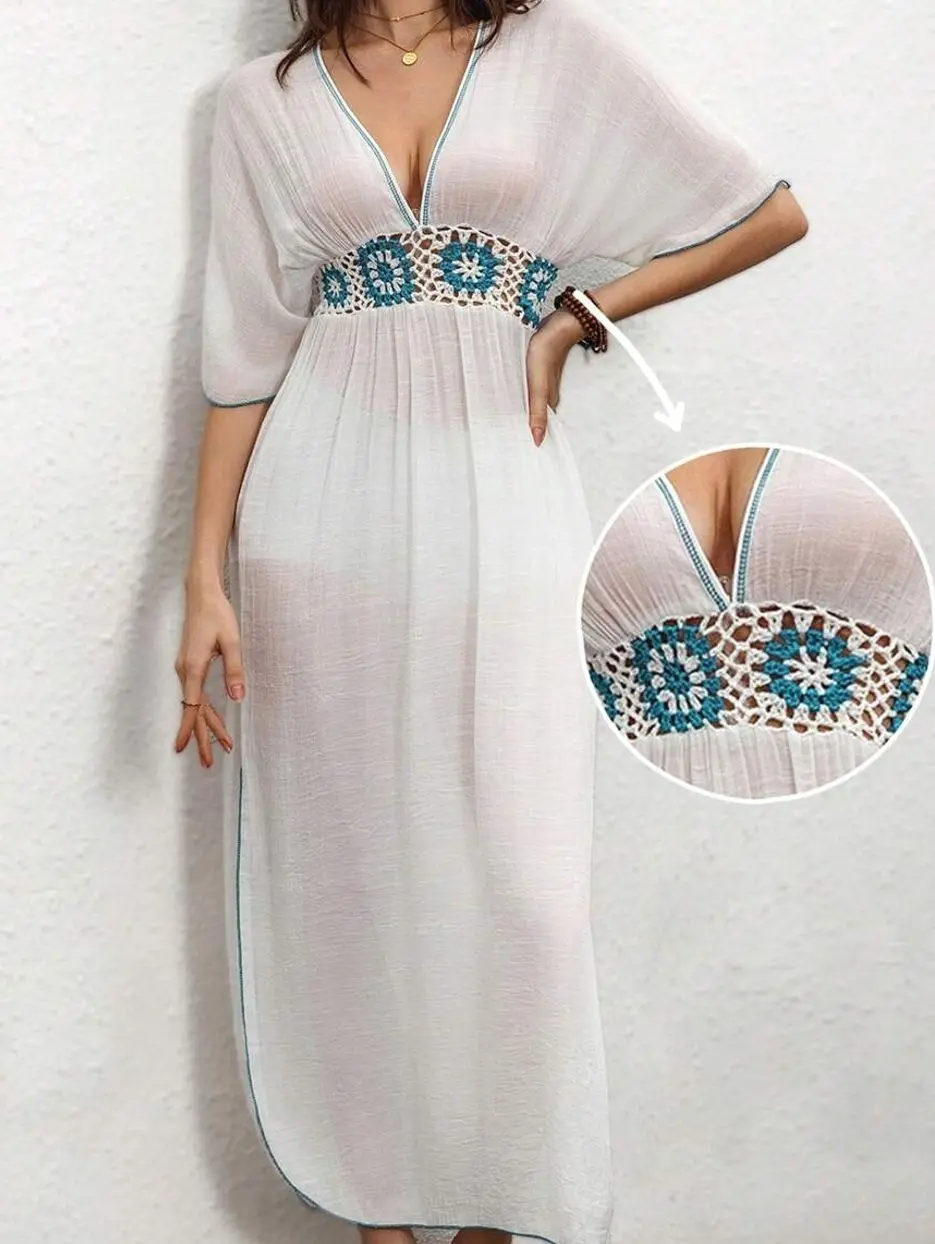 Women's Crochet Lace Cover Up & Patchwork Skirt Set - Bohemian Beach Style