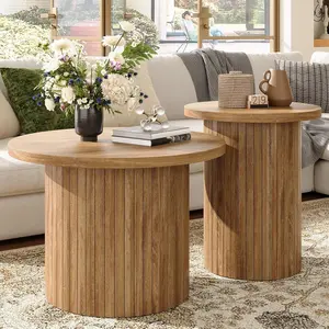 VanAcc Nesting Coffee Table Set of 2, Mid Century Modern Round Coffee Table, Wood Slat Side Table Set for Living Room, Office