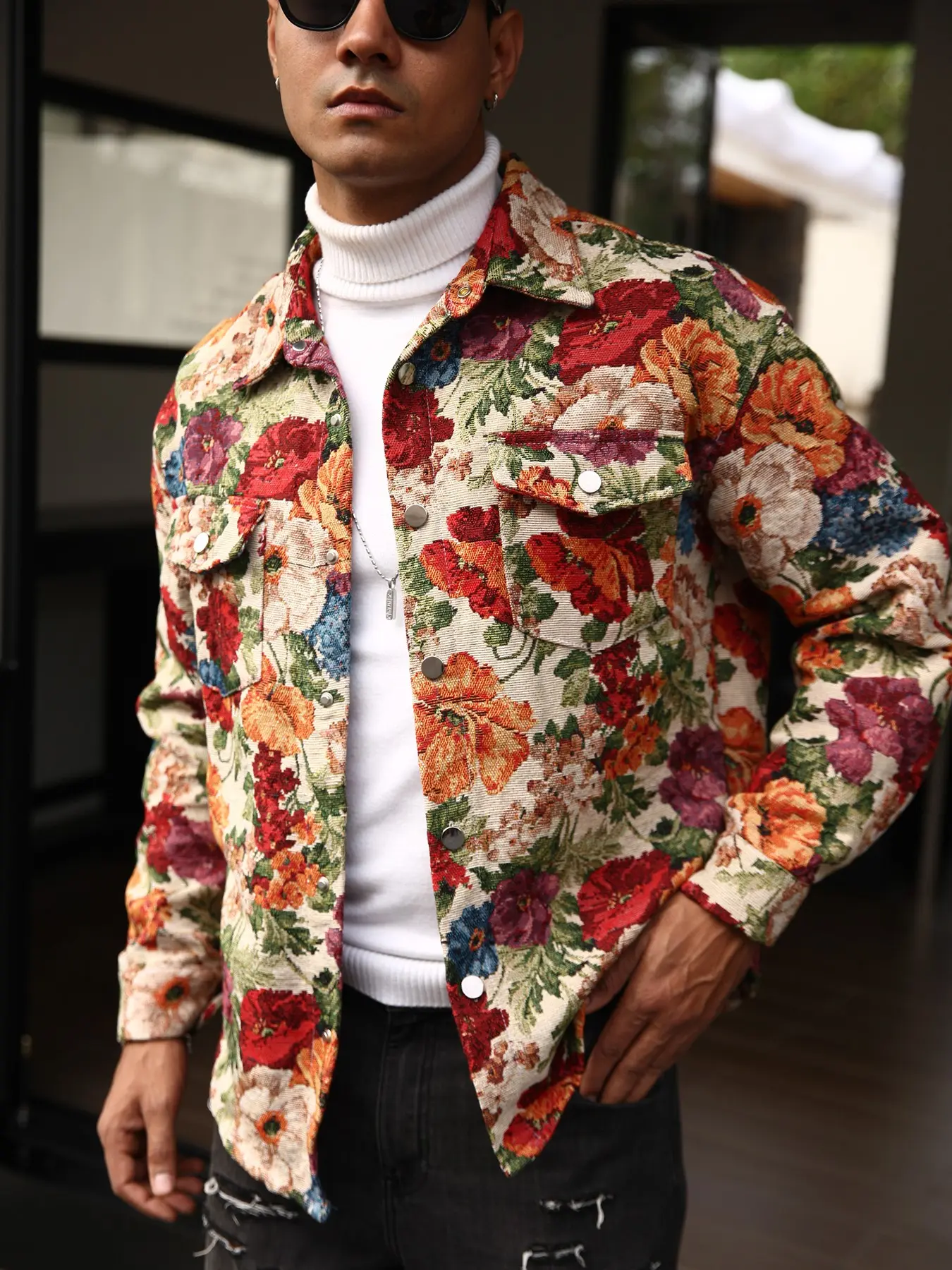 Men's Spring & Fall Jacquard Jacket, High-End Fabric, Original Design, Button Front, Notched Lapel, Polyester, Non-Elastic, Fashionable, Floral, Streetwear Outerwear, Casual Fashionable Jacket