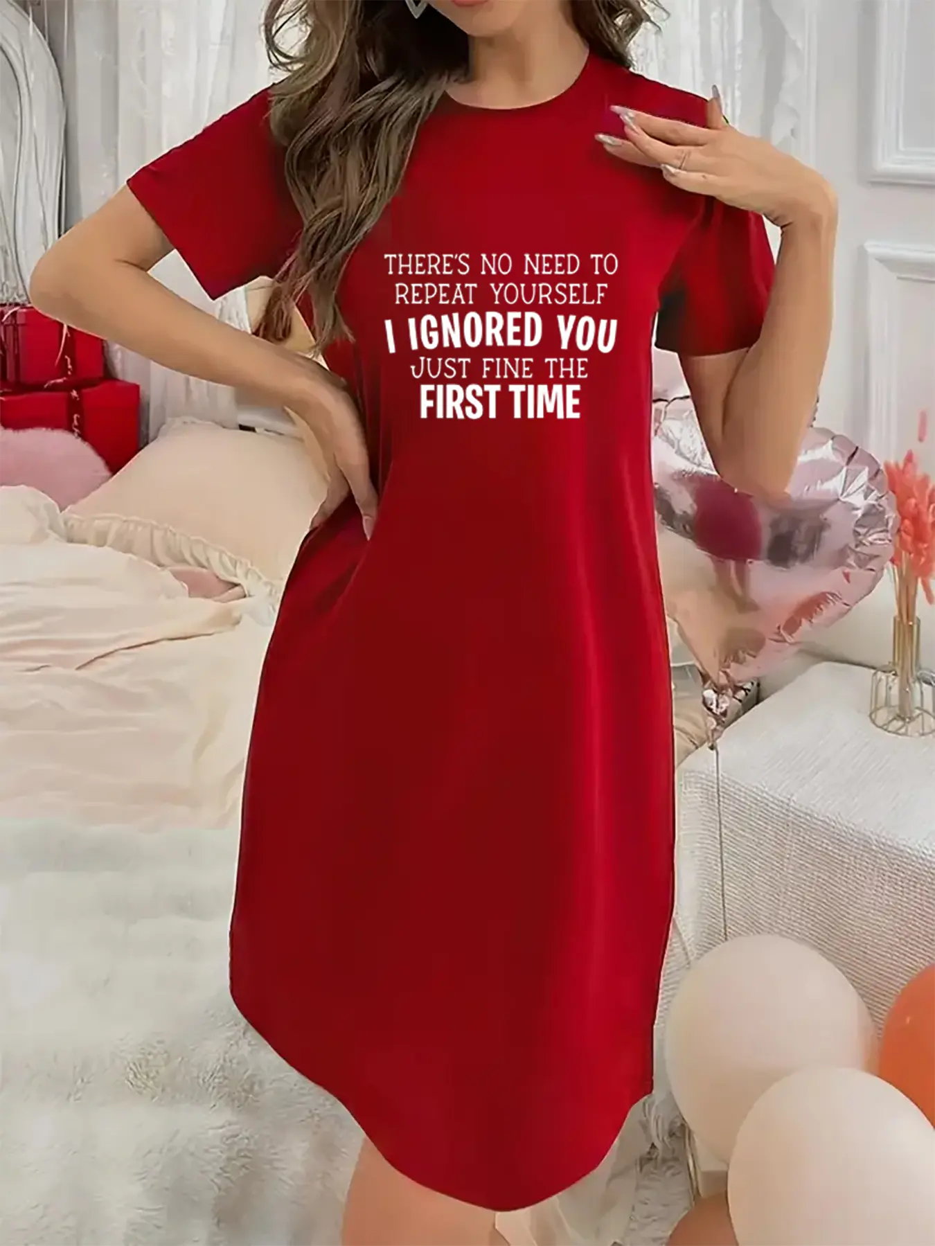 Soft and Slightly Stretchy Women's Underwear Ignore you Pattern Short Sleeve Crew Neck Nightgown, Sexy Elegant Youthful Women's Christmas Dress, Perfect for Halloween, Christmas, and Thanksgiving Gifts