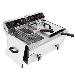 ROVSUN Electric Deep Fryer w/Frying Baskets Timer Drains & Lids, 24.9QT Dual Tank Commercial Frying Machine Kitchen Countertop, Adjustable Temperature, for French Fries Donuts Onion Rings, 3400W 110V
