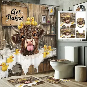 1/4pcs Country style cute Highland cow pattern shower curtain set, non-slip floor mat, U-shaped carpet, toilet lid cover, perfect for bathroom decoration, partition, beautify the space, free 12 shower curtain hooks, Bathroom Shower Equipment