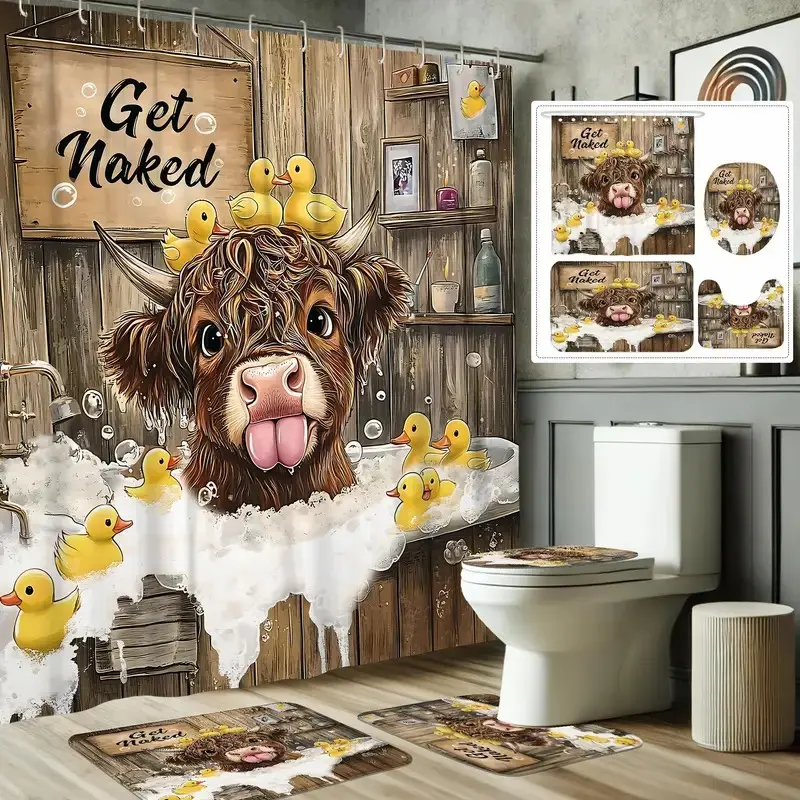 1/4pcs Country style Highland cow pattern shower curtain set, Shower Curtain Set With Rugs, Printed shower curtain, non-slip floor mat, toilet lid cover, free 12 shower curtain hooks, Bathroom Shower Equipment