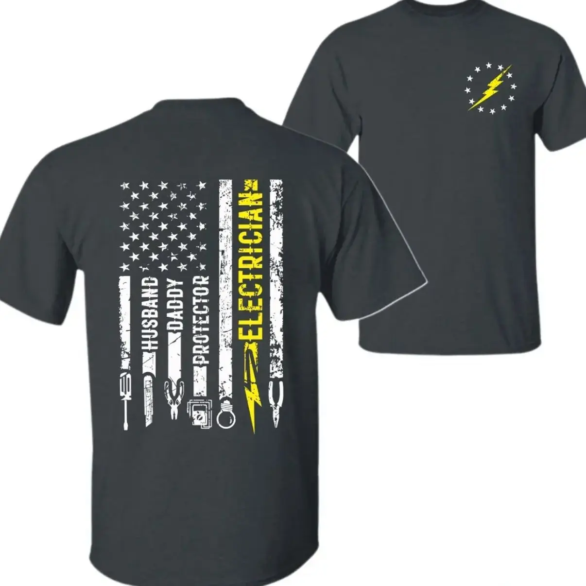 Electrician T-Shirt – Husband Daddy Protector American Flag Tee for Men, Lineman & Electric Worker Apparel, Blue Collar Gift Idea, Patriotic Tools Graphic Shirt, Unisex Fit Menswear Top