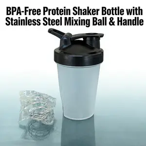 2 Pack 400ML Protein Powder Shaker Cup with Stirring Ball, Measuring Handle Sports Water Bottle, BPA Free Plastic Drinkware