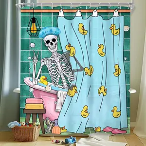Funny Skull Shower Curtain 60Wx72H 66Wx72H Inch Gothic Skeleton Shark in Bathtub Bathing Spooky Yellow Rubber Duck Cool Hilarious Modern Boys Bathroom Decor Fabric Polyester Waterproof 12 Pack Hooks
