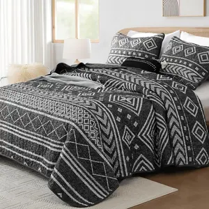 Boho Quilts  Size, Black and White Summer Stripe Bedspreads Bedding Set, Bohemian Aztec Lightweight Coverlet Set with 2 Shams for Bed 96x90 Inch