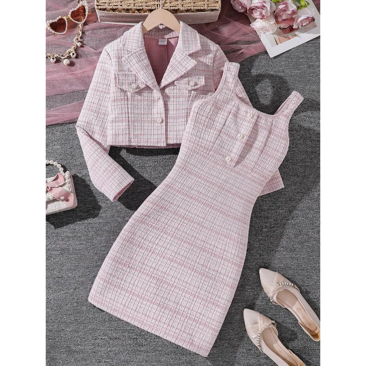 Girls' 2-Piece Set, Small Perfume Style, Reversible Button Design Short Cardigan Long Sleeve Jacket with Dress, Chic Sweet Elegant