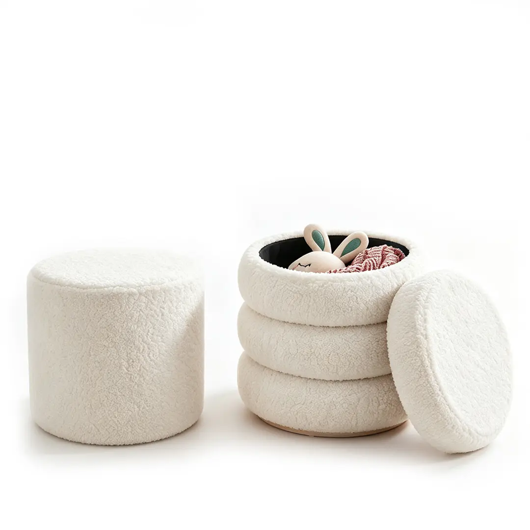 Round Ottoman with Storage Boucle Ottoman (Beige) Storage Removable Lid for Living Room Modern Vanity Sorage Stool Foot Rest Bedroom Set of 2