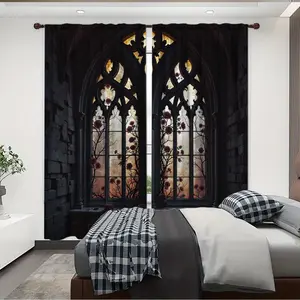 Colorful glass Gothic window digital printed curtains, semi blackout polyester material curtains, 2-piece set of bedroom, living room, dining room universal curtains, Home Decoration Curtain