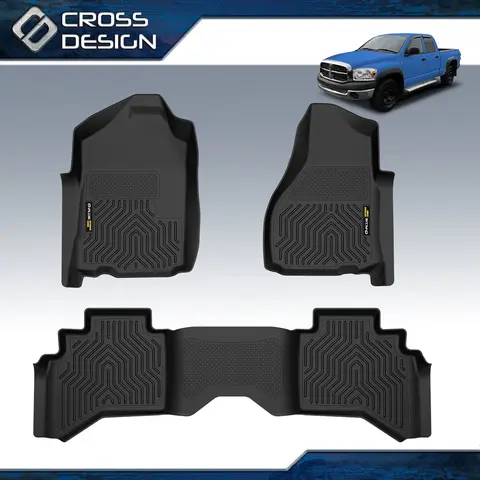 CROSSDESIGN Synthetic TPE Truck Floor Mats for Dodge Ram 1994-2024 1500/2500/3500, 1st-2nd Row 3-Piece Set, All-Weather Rain-Shielding, Wear-Resistant, Waterproof, Anti-Slip, Raised-Edge Hold, Heat-Stable Odor-Free TPE, Shake-Clean Car Interior Accessory,