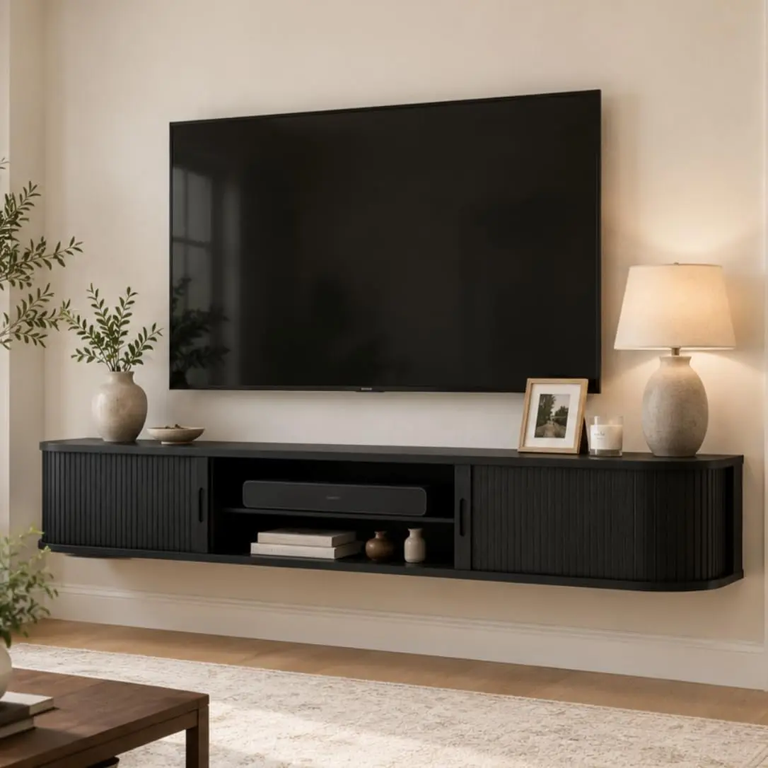 Floating TV Stand with Sliding Doors, 63" Fluted TV Console with LED Lights, Floating TV Shelf for TVs up to 75 Inch, Media Entertainment Center Under TV Cabinet for Living Room Bedroom ，Black