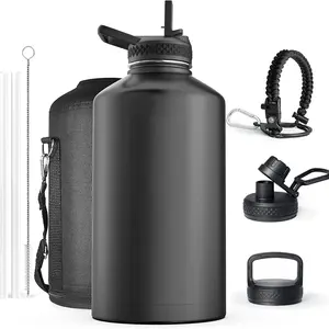 64OZVacuum Insulated Water Bottle - Keep Hot Cold Vacuum Gallon Flasks with Straw & Spout Lids, Paracord Handle, Water Bottler Carrier Holder & Protective Cup Mat, Portable Vacuum Flask