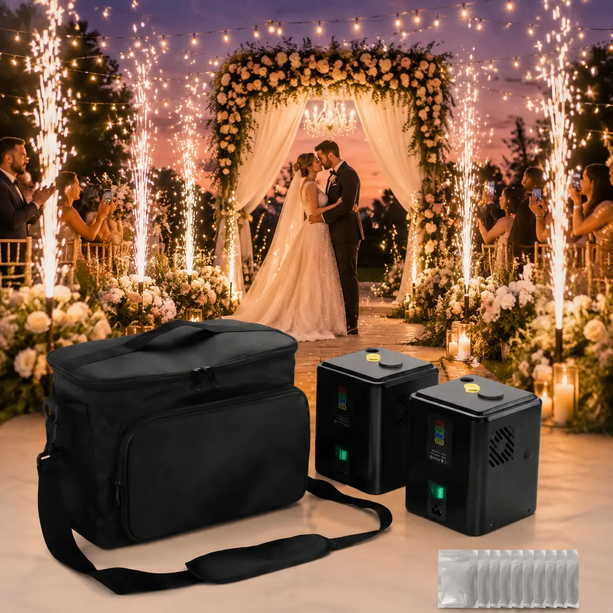 2-Pack Aluminium 650W Cold Spark Machines, 3-5m Spark Effect, Remote DMX Control, Lightweight Compact Design, 20-Second Overheat Protection, 350W Motor, Power Cord, for Weddings, Concerts, Ceremonies (2 Black Devices + 10 Packs of 50g Consumables + Bag)