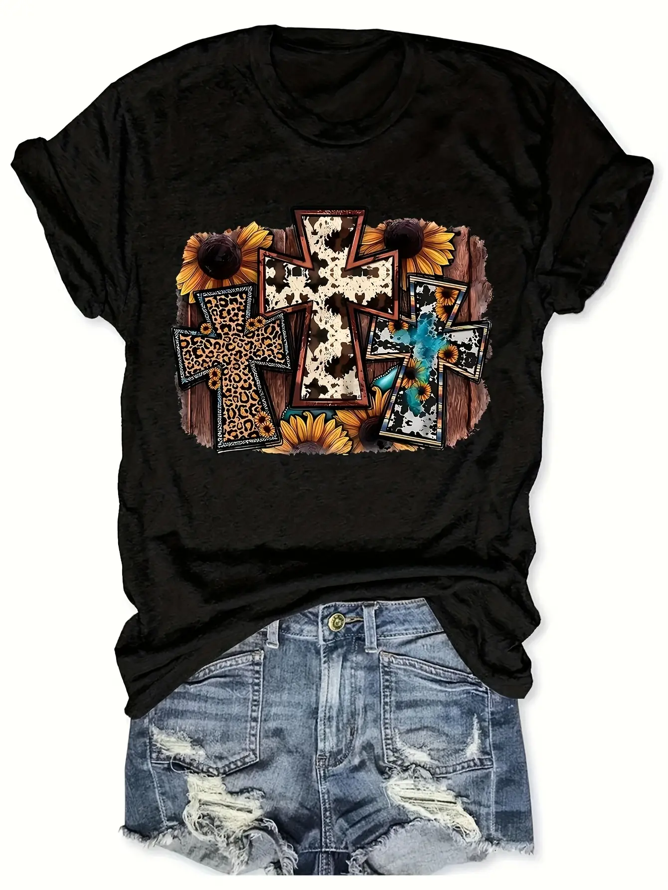 Women'S Vibrant Sunflower & Cross Print T-Shirt - Casual Short Sleeve Crew Neck Top Soft Polyester Blend Spring/Summer Fashion Tee with Floral and Geometric Design