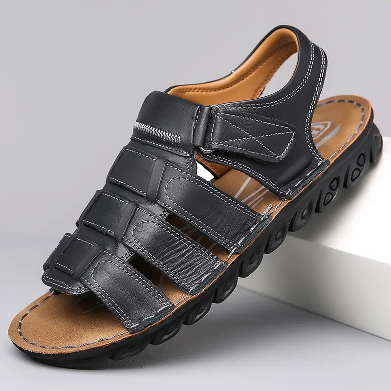 Men's Cloud Comfort Leather Sandals — Shock-Absorbing Non-Slip Sole, Open Toe, Breathable Stitching, Adjustable Hook-and-Loop Closure. Easy-on casual walking shoes for beach vacation and everyday wear.