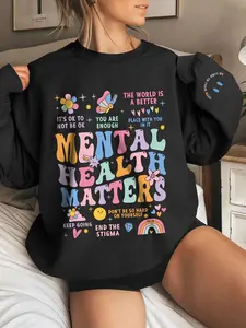 Positive Mental Health Print Crew Neck Long Sleeve Sweatshirt, Casual Loose Fit Home Wear, All Seasons Thicken Knit Fabric