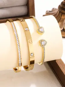 3-piece stainless steel 18K gold-plated heart-shaped rhinestone bracelet set, 14K gold copper inlaid cubic zirconia open cuff bracelet, fashionable women's clothing, holiday gift