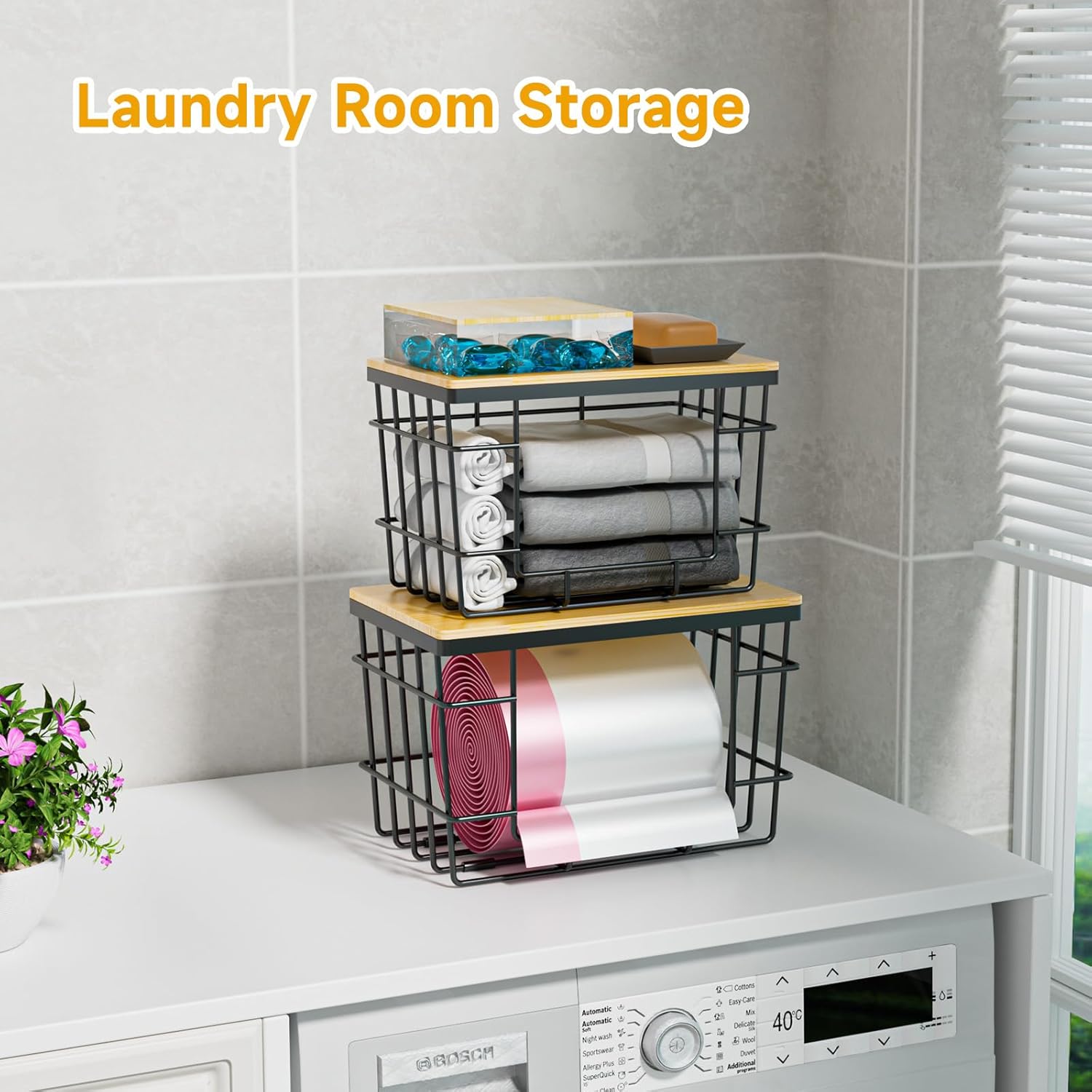 Pantry Storage Organizers,Kitchen Organization,2-Piece Trash Bag Storage Set: Extra-Large Capacity Trash Bag Dispenser (With Bamboo Lid) Wall-Mounted, Stackable Design For Kitchen, Laundry Room, And Under-Sink Organization