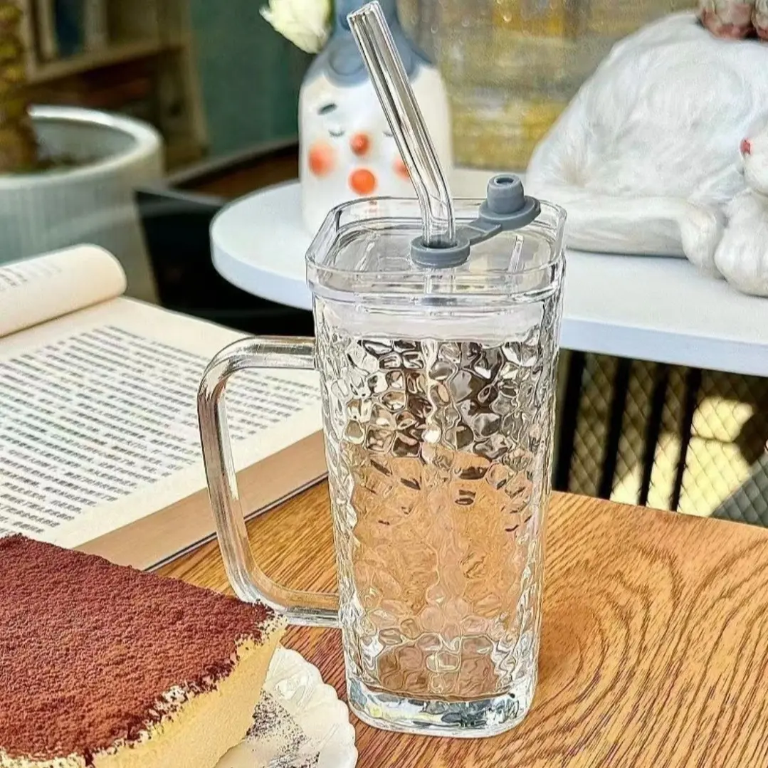 250ml Minimalist Square Water Glass Cup with Handle, Stylish Drinkware, 3 Styles Clear Ribbed Hammered Tumbler, With/Without Straw & Lid Options, High Borosilicate Reusable Drinkware Cup for Summer Juice Iced Coffee Cold Drinks Home Office Daily Use Gift