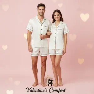 Couple Matching Ivory Satin Pajama Set - Valentine's Style Short-Sleeve Sleepwear, Silky Smooth Fabric with Black Contrast Trim, Ideal for Romantic Nights, Home Lounging & Holiday Gifting