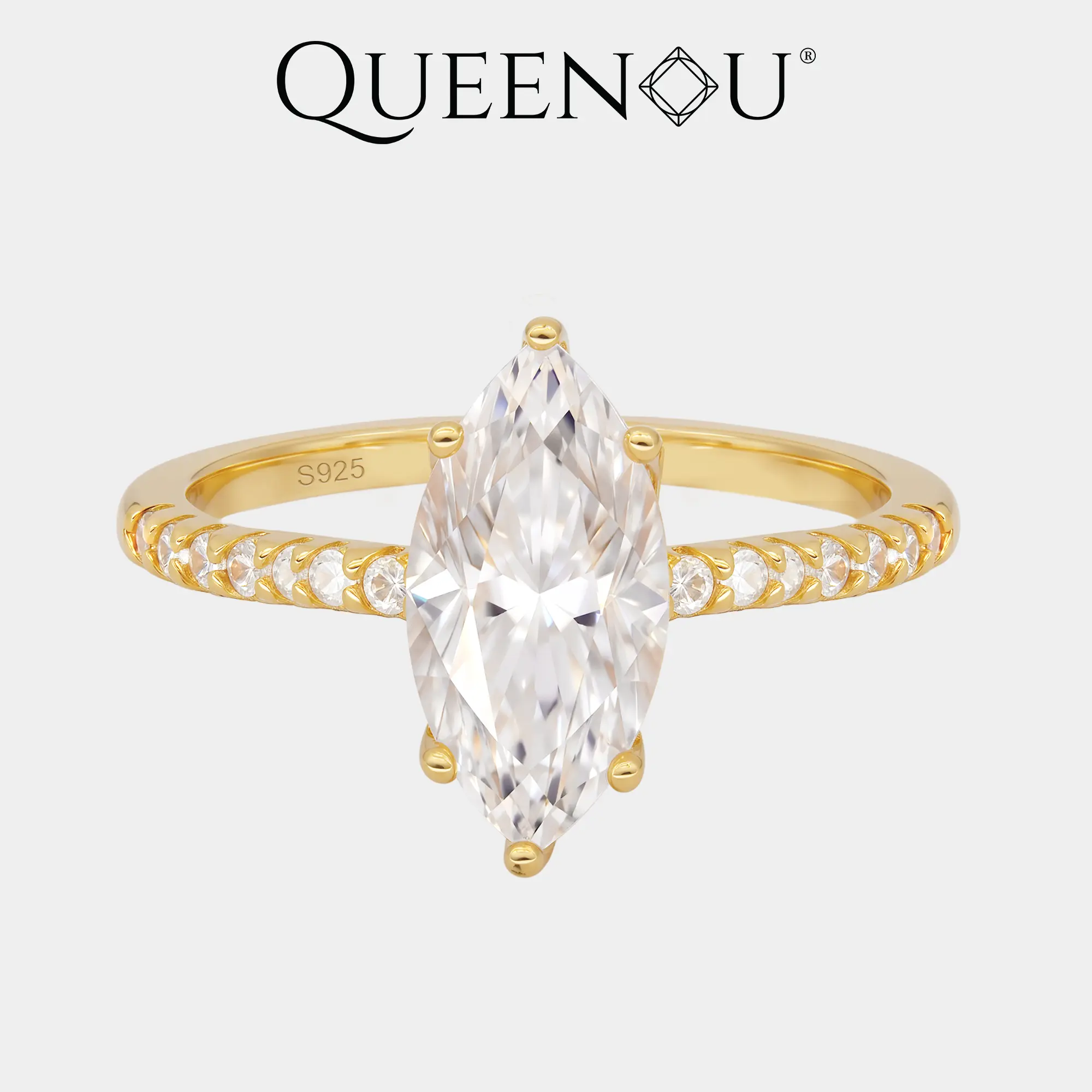 【976】Marquise Synthetic Moissanite Ring | 2CT/3CT Option | Halfway Diamond Band