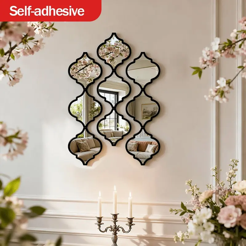 9pcs Large Moroccan-style Artistic Combination Home Decorative Mirror | Classic Black, Wall Mount, Plastic Frame, Polished End - Ideal for Bathroom, Living Room, Hallway Decor, Wall Decor Mirrors, Perfect Valentine'S Day Gift