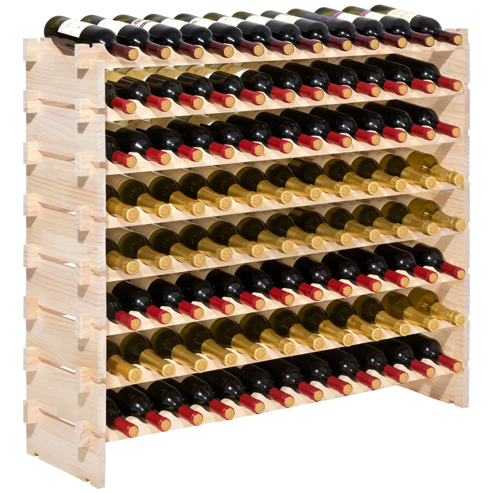 VEVOR 96-Bottle Stackable Tiers Solid Wood Wine Rack, 8-Tier Freestanding Rack, Natural Finish Floor Wine Bottle Holder for Pinot Noir, Kitchen & Cellar