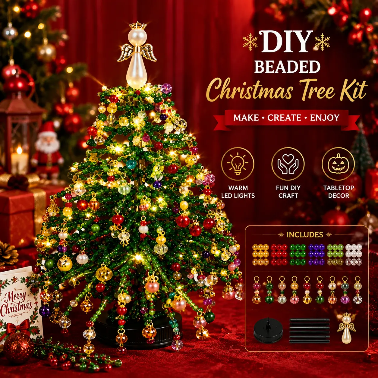 4 Styles DIY Beaded Christmas Tree Kit, Handmade Mini Tabletop Tree Craft Set with LED Lights & Colorful Beads, Holiday Decoration Craft for Adults Kids, Christmas Halloween Autumn Winter Home Decor Gift