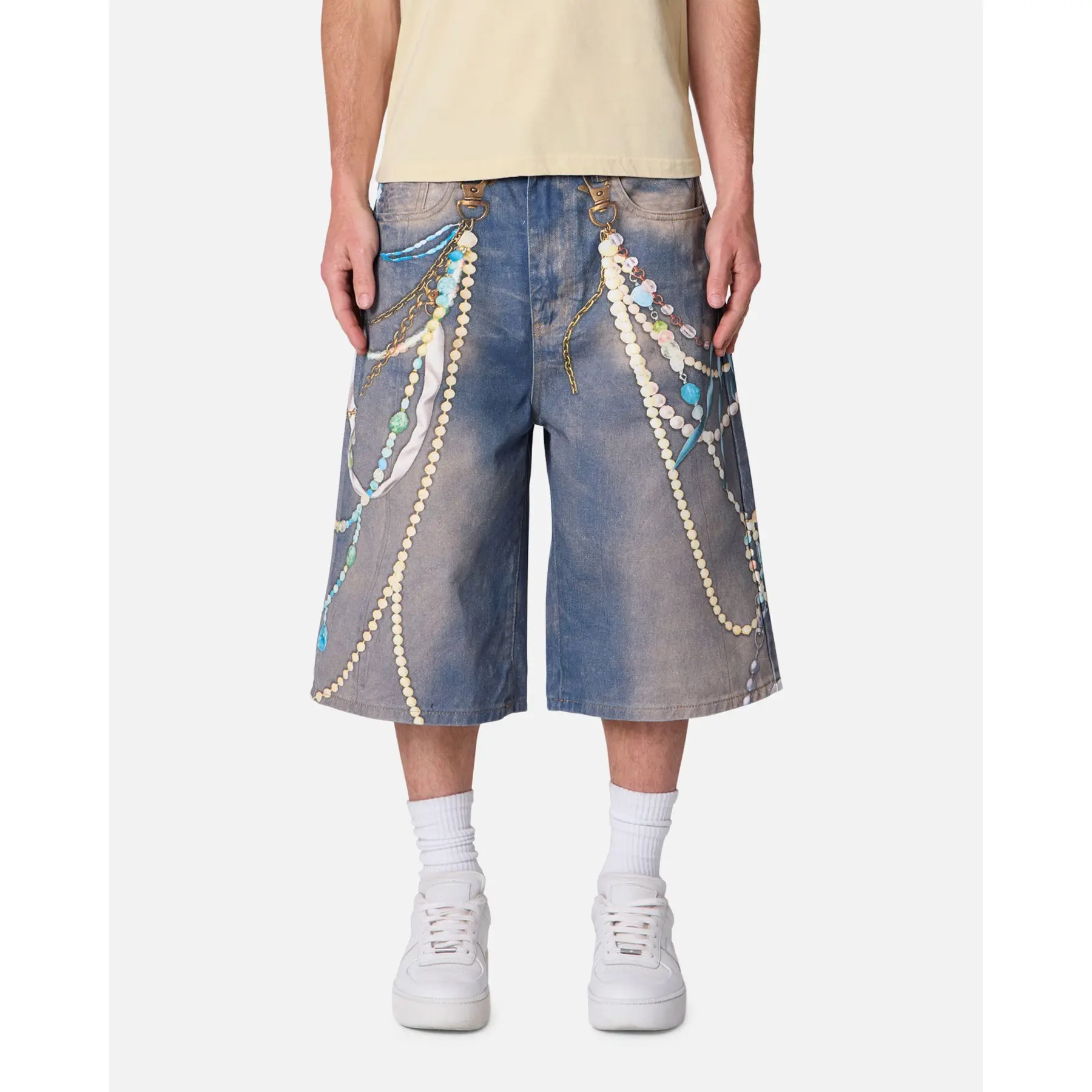 MNML Ultra Baggy Chain Printed Denim Shorts Light Blue