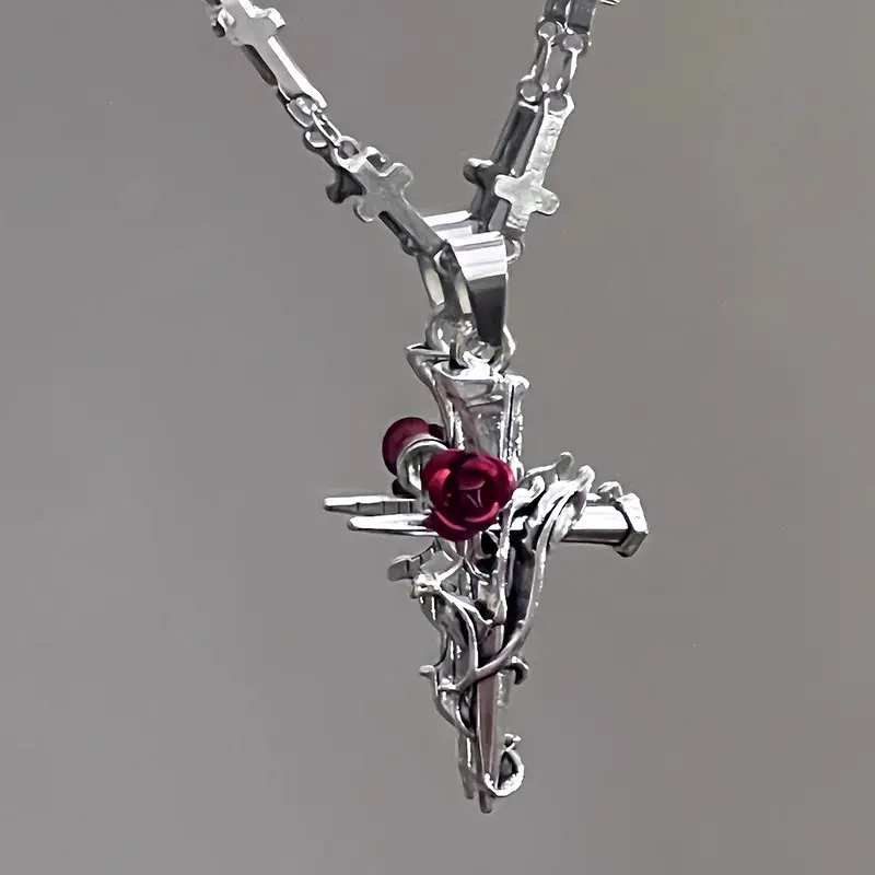 Y2K Gothic Rose Cross Couple Necklace  Alloy Charms Thorn Cross Sword Charms Pendants Punk Black Choker Necklaces Jewelry Gifts