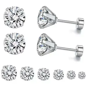 Zircon stainless steel earrings four-claw titanium steel 3mm~8mm round cake empty claw support earring jewelry men and women couple gifts