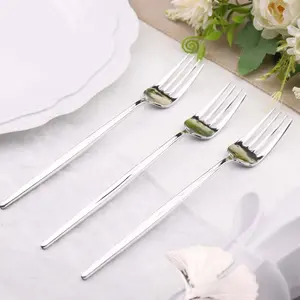 24 Pack Glossy Silver Heavy Duty Plastic Silverware Forks, Shiny Cutlery, Premium Disposable Flatware 8"