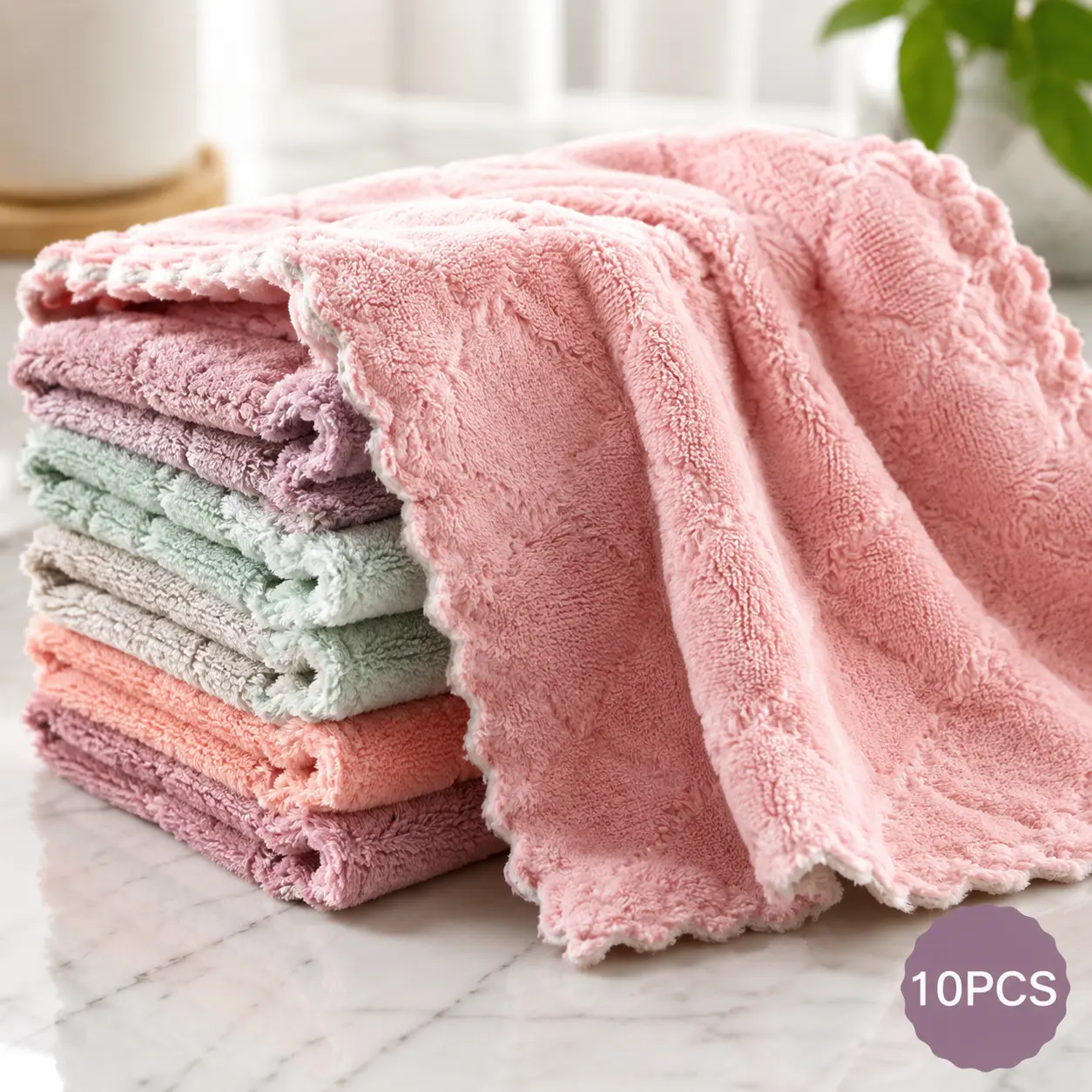10 Counts Multipurpose Coral Fleece Cleaning Rags, Soft Absorbent Dish Cloths for Kitchen Sinks, Countertops & Car Wiping, Reusable Washable Household Towels