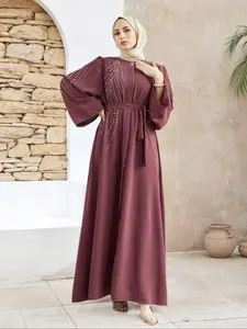 Women's Elegant Chic Solid Color Zipper Long Sleeve Dress, Rhinestone Embellished Casual Loose Fit Formal Evening Gown for Daily Wear Womenswear