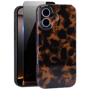 Cute Phone Case for iPhone 17 Case, [with 1X Privacy Screen Protector] Tortoise Shell Pattern Leopard Full Camera Protective Slim Shockproof Cool Trendy Aesthetic
