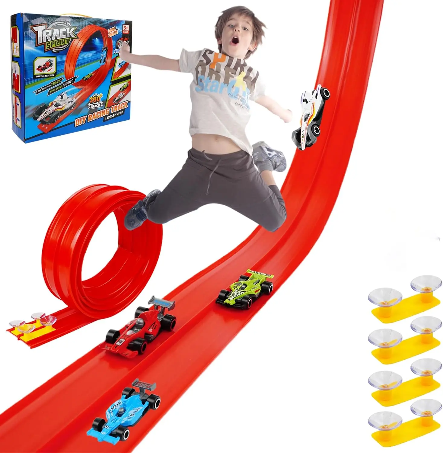 Flex Tracks Race Car Track Set Flexible Race Car Track for Kids Toy with  Suction Cups, Rolls Up Portable Racetrack Compatible with Hot Wheels & Diecast 1/64th Cars