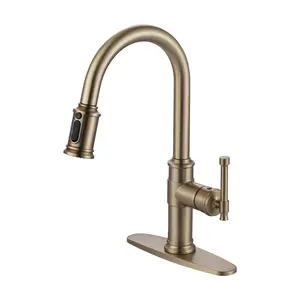 WOWOW Brushed Gold Single Handle Pull-Down Pull-Out Sprayer Kitchen Faucet, 3-Mode Sprayer, Stainless Steel Deckplate, Pull Out Faucet