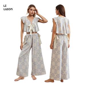 Women 2 Piece Floral Printpajamas Set Tie Front Fly Sleeves Shirt And Elastic Pants For Loungewear Soft Sleepwear
